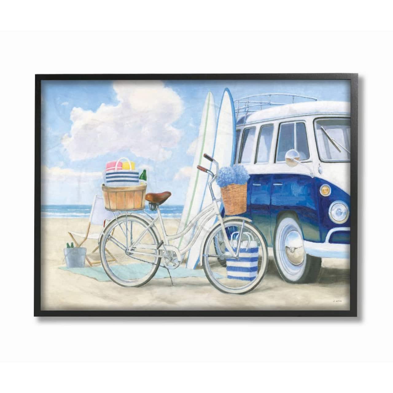 Stupell Industries Bike and Van Beach Nautical Blue White Painting Framed Wall Art